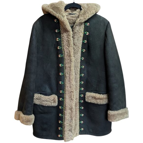 Vintage Shearling Hooded Coat Embroidered Tulips 70s Boho Suede Sherpa Jacket L - Picture 2 of 5